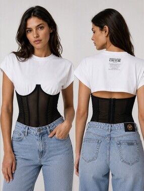 NWT! VERSACE JEANS Warranty Logo Bustier T-Shirt Size Medium